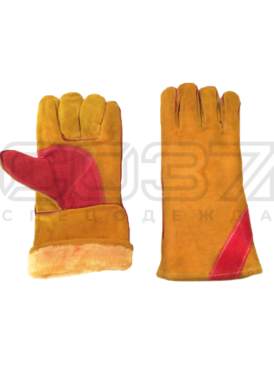 Перчатка крага спилковая жёлтая с красным усилением утепленная иск мех, мутон